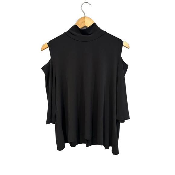 Clara Sun Woo Black Cold Shoulder Flowy Cowl Neck Wrinkle Resistent Top Med - Picture 1 of 5